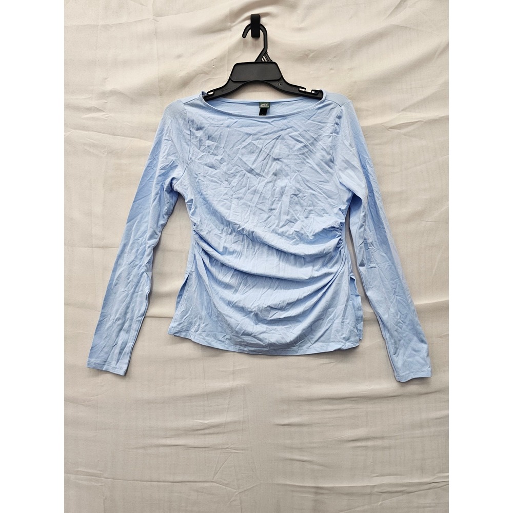 Wild Fable Womens Ruched Long Sleeve Top Blue Cotton Blend Casual Size Medium